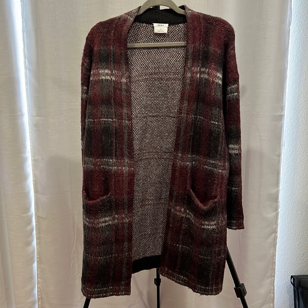 DKNY LO G CARDIGAN PLAID BURGUNDY SUNSET TONE SIZE XXS RUN LARGE